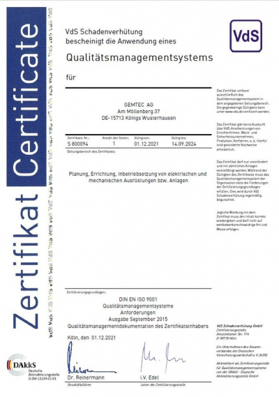 GEMTEC Zertifikat DIN EN ISO 9001